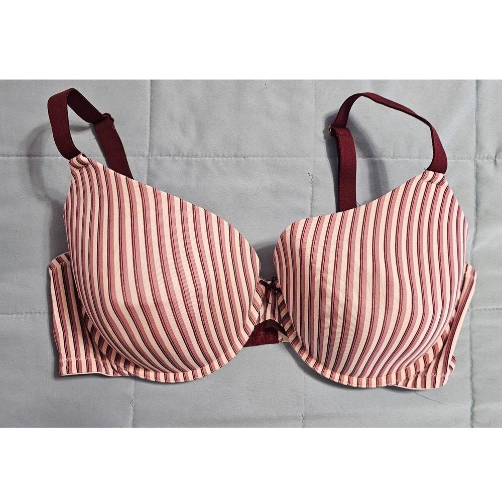 Auden Women 38D Cotton Lightly Lined Demi Bra Burgundy Cream Striped Underwire